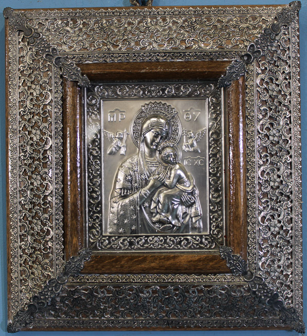 006c - Pair of Greek religious icons framed with sterling-silver overlay, 9.5 x 9